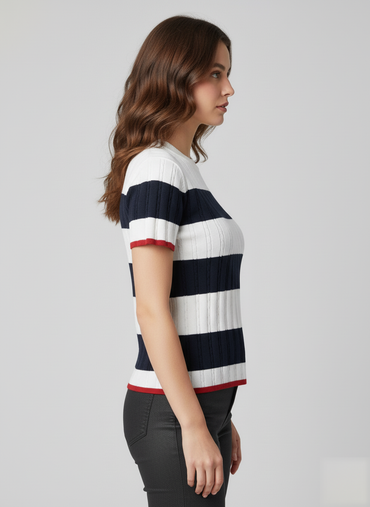Striped Short-Sleeve Knit Top - 2