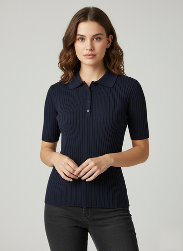 Navy Ribbed Polo Shirt - 1