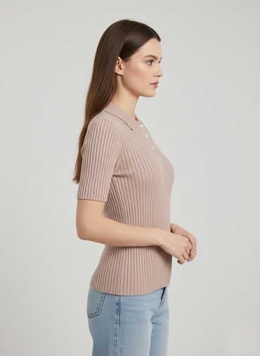 Ribbed Polo Collar Short Sleeve Sweater - 2