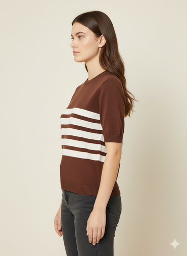 Women's Brown/White Striped Short Sleeve Top - 2