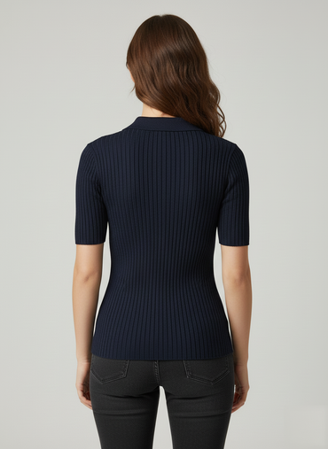 Navy Ribbed Polo Shirt - 3