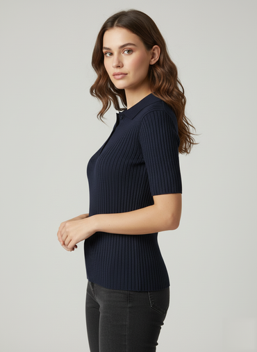 Navy Ribbed Polo Shirt - 2