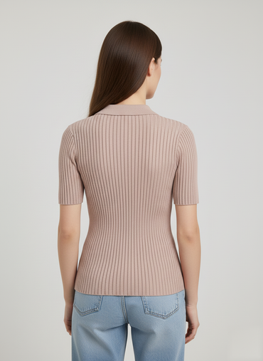 Ribbed Polo Collar Short Sleeve Sweater - 3