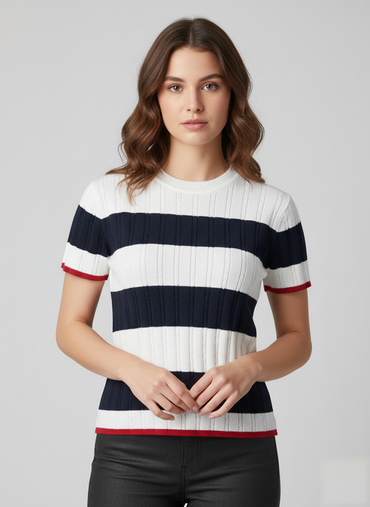 Striped Short-Sleeve Knit Top - 1